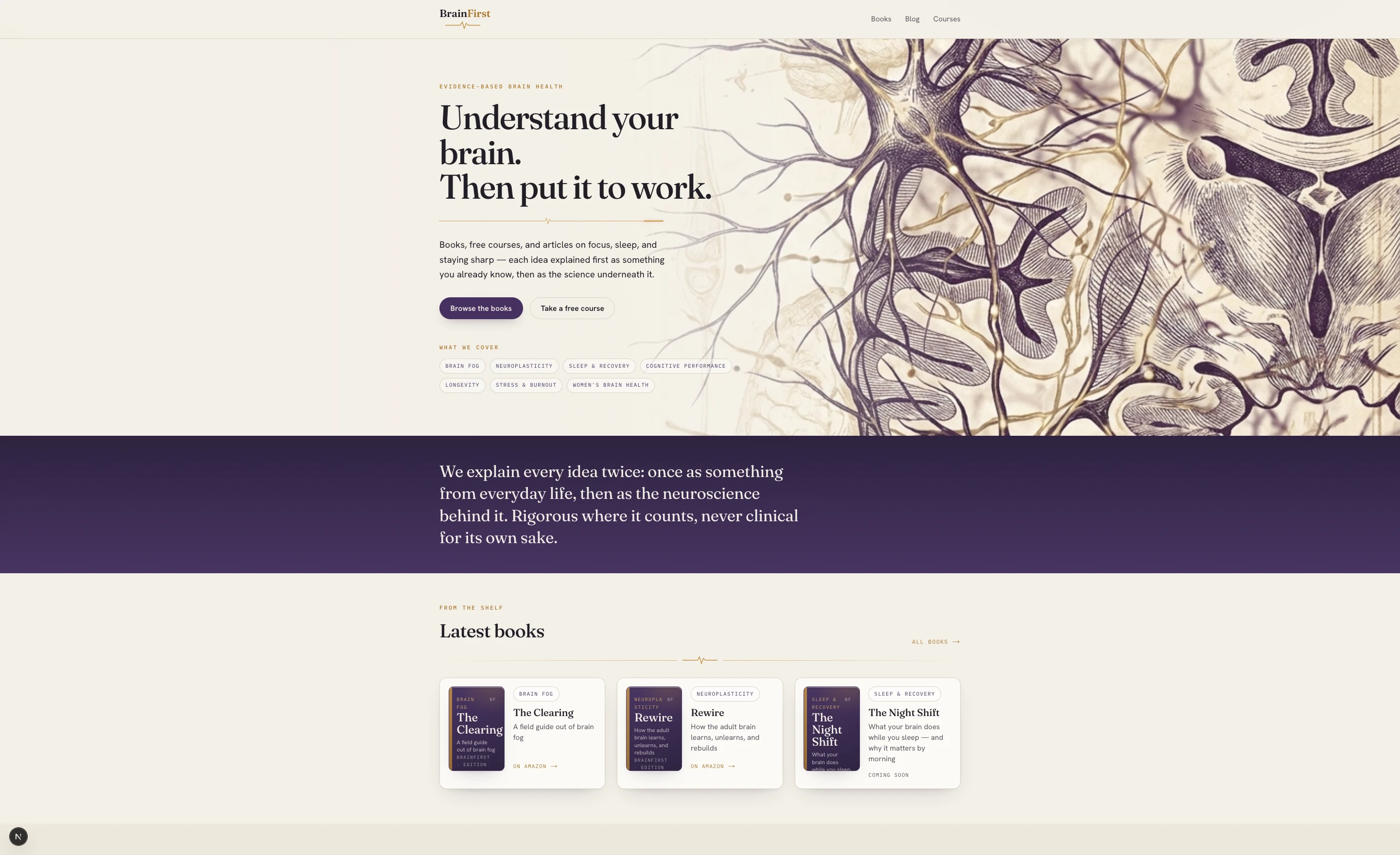 La home del website BrainFirst: identità «Grey Matter» viola e oro antico, con il tracciato neurale come motivo grafico ricorrente