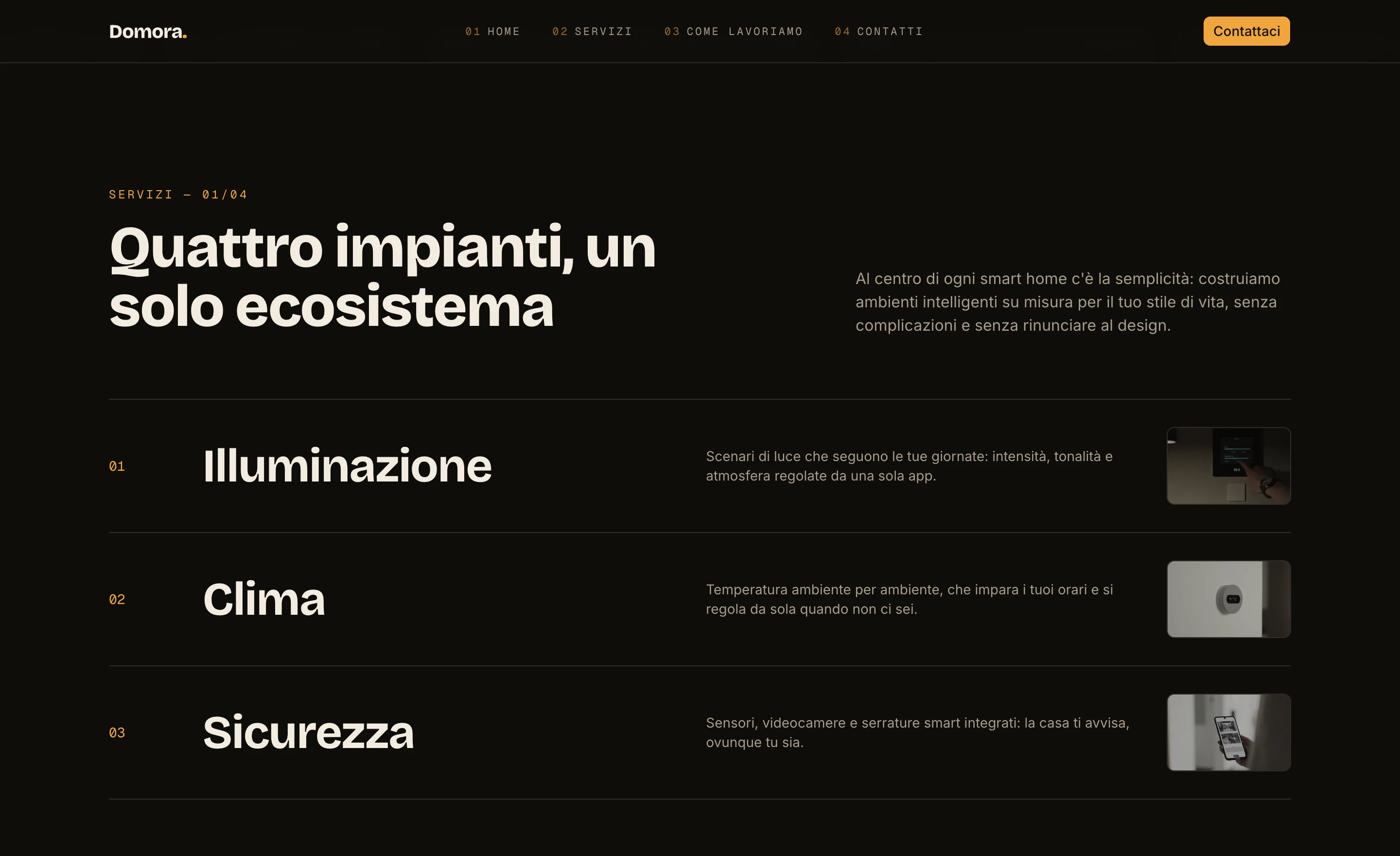 La sezione servizi del website Domora: il titolo «Quattro impianti, un solo ecosistema» e l'elenco Illuminazione, Clima, Sicurezza su fondo scuro