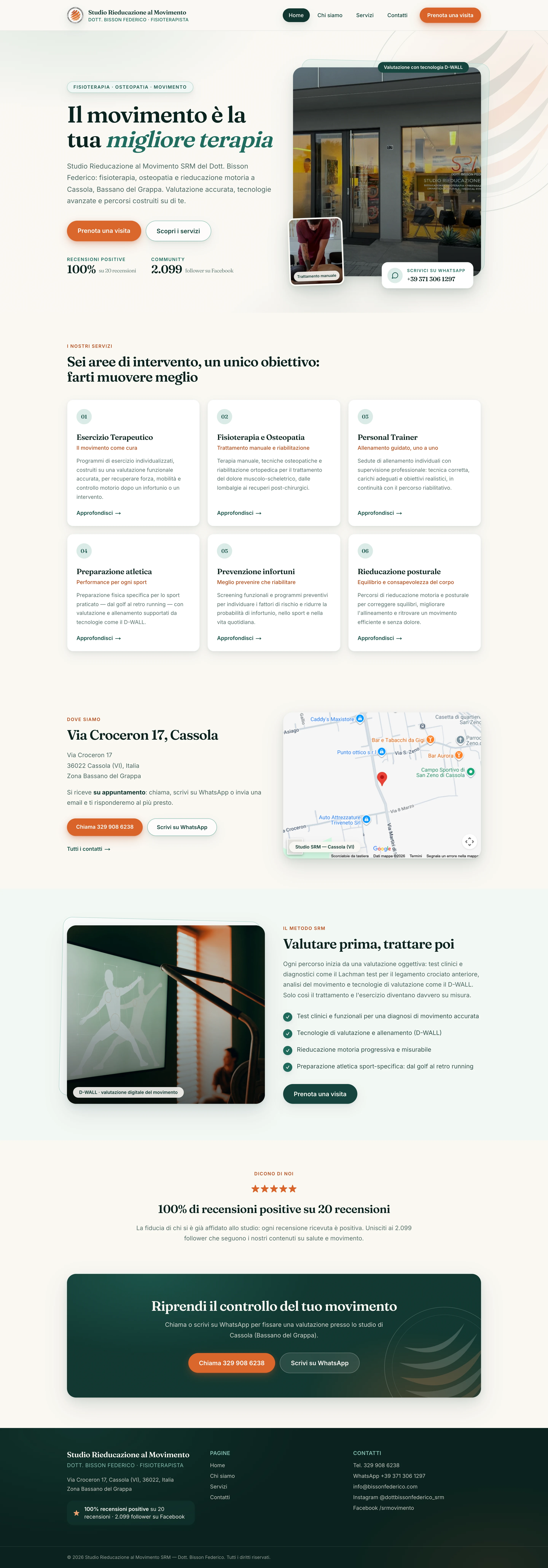 La home del website dello Studio Rieducazione al Movimento SRM: il titolo «Il movimento è la tua migliore terapia» accanto alle foto dello studio